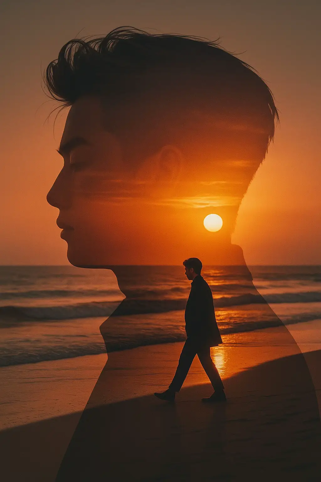 1. Open ChatGPT 📲 2. Upload your photo 📸 3. Paste the prompt 👇 a cinematic one exposure of young man in profile,with sunset beach landscape blended into silhhouette,inner scene show me walking one the wed sand,look at the beach#trungayai #ai #aiart #photo #chatgpt #trending #fyp 