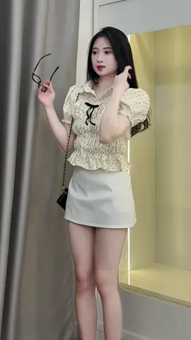 EMLYvn - Áo Sơ Mi Chấm Bi Nữ Cộc Tay Phối Ren Cổ Sen KÈM NƠ