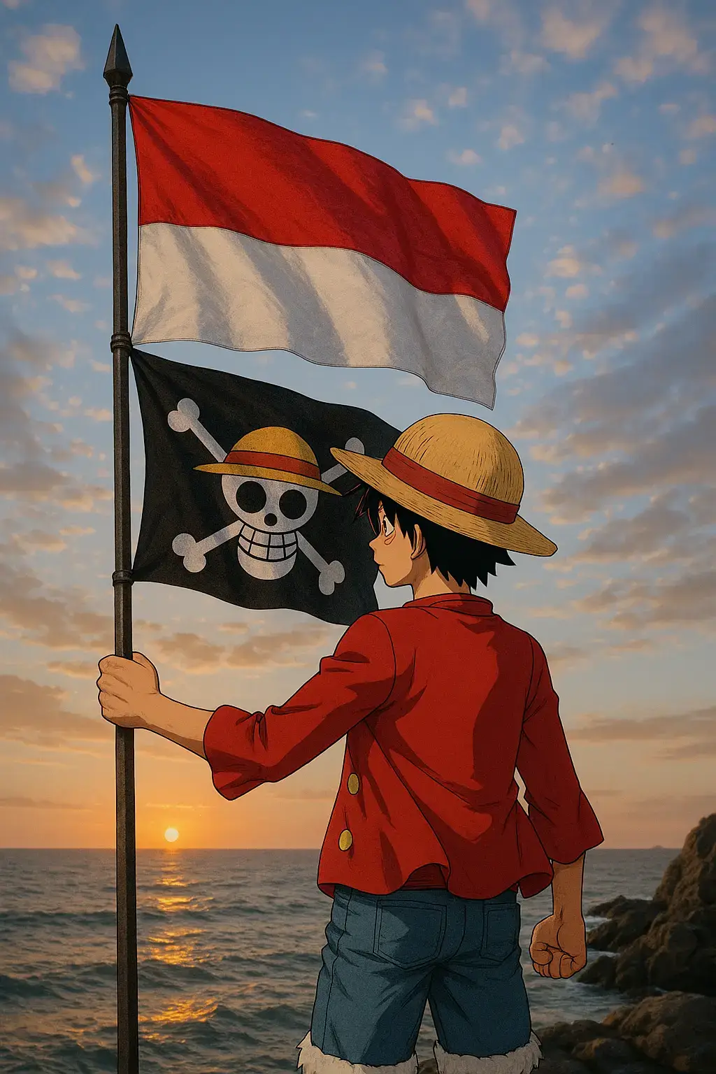 Menjelang 17 Agustus, Presiden Prabowo mengajak seluruh rakyat Indonesia untuk mengibarkan  Bendera Merah Putih sepanjang bulan kemerdekaan. Tapi yang terjadi di lapangan justru mengejutkan. Alih-alih bendera Merah Putih, sebagian warga mengangkat tinggi bendera Jolly Roger—bendera bajak laut Topi Jerami dari anime One Piece. Bukan satu dua tempat. Dari jalanan Jakarta hingga sudut-sudut Depok. Dari truk-truk logistik hingga kapal-kapal nelayan. Simbol bajak laut itu berkibar, bukan untuk main-main. Tapi sebagai bentuk protes. Sebuah pernyataan diam yang justru berbicara lantang. “Bukan karena kami tak cinta Indonesia,” kata seseorang. “Tapi bagaimana kami bisa merasa merdeka... jika hak kami sendiri tak dijamin?” Kalimat itu menghantam logika nasionalisme yang selama ini digembar-gemborkan. Apa arti nasionalisme, jika rakyatnya merasa asing di negerinya sendiri? Di dunia One Piece, Jolly Roger adalah simbol perlawanan terhadap tirani. Tanda bahwa para kru bajak laut hidup demi kebebasan, harga diri, dan solidaritas. Kini, bendera fiksi itu berubah menjadi simbol nyata. Sebuah kritik terbuka terhadap kondisi sosial-politik Indonesia hari ini. Apakah ini hanya bentuk kekecewaan biasa? Atau sinyal bahwa kemerdekaan bukan lagi milik semua, tapi hanya milik segelintir orang? Negeri yang katanya merdeka, justru membuat rakyatnya terus berjuang hanya untuk didengar. Mungkin saat ini, bendera bajak laut terasa lebih jujur menggambarkan isi hati rakyat—yang lelah berharap, tapi tak kunjung diperhatikan. #onepiece #jollyroger #fyp #pemerintah #benderaonepiece #merahputih #17agustus 