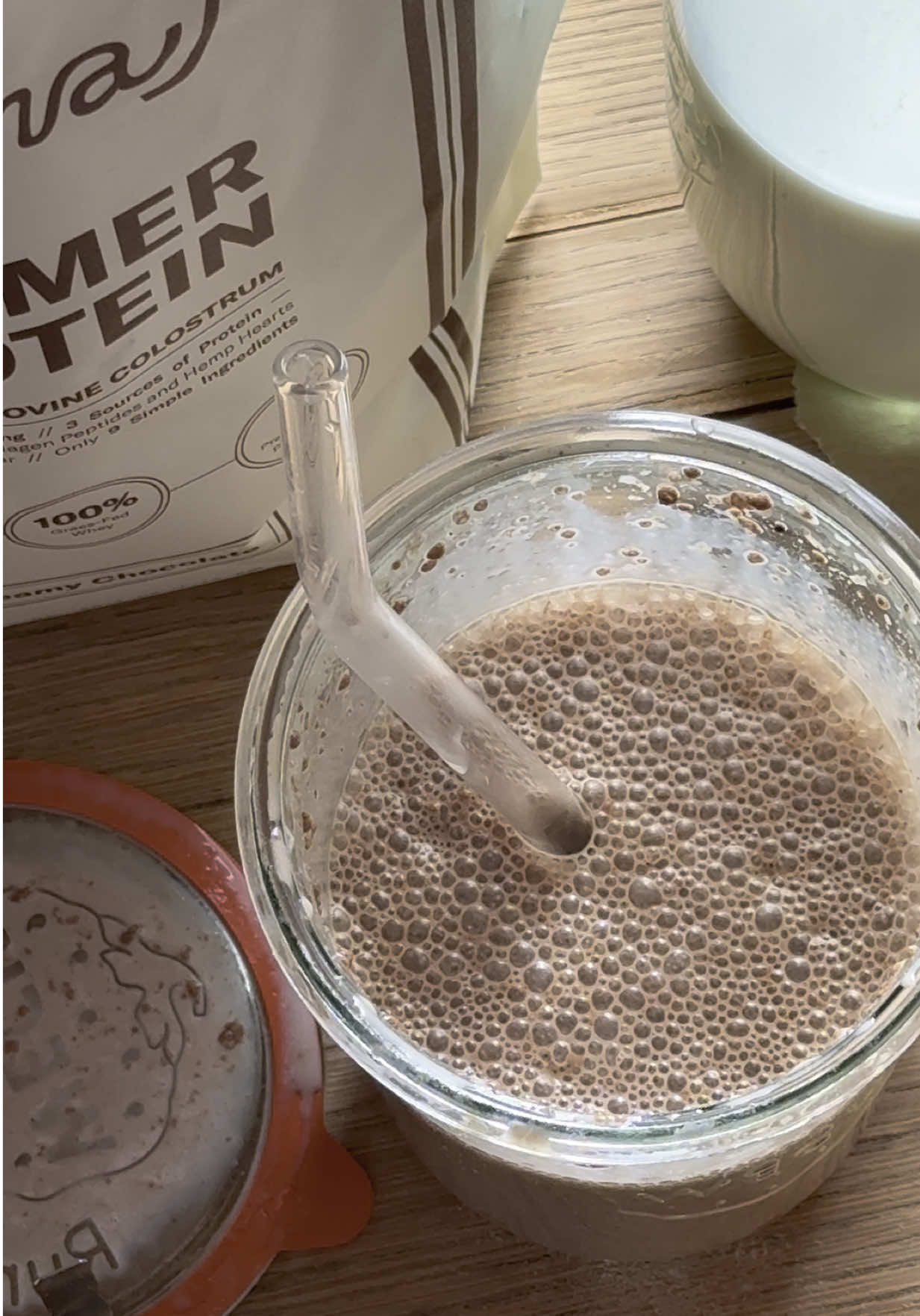 Our Creamy Chocolate Farmer Protein, full of all the good things like: colostrum, collagen, prebiotic fiber and 24 grams of protein per serving!  #ballerinafarm #farm #farmerprotein #proteinpowder #farmer #protein #farmlife 