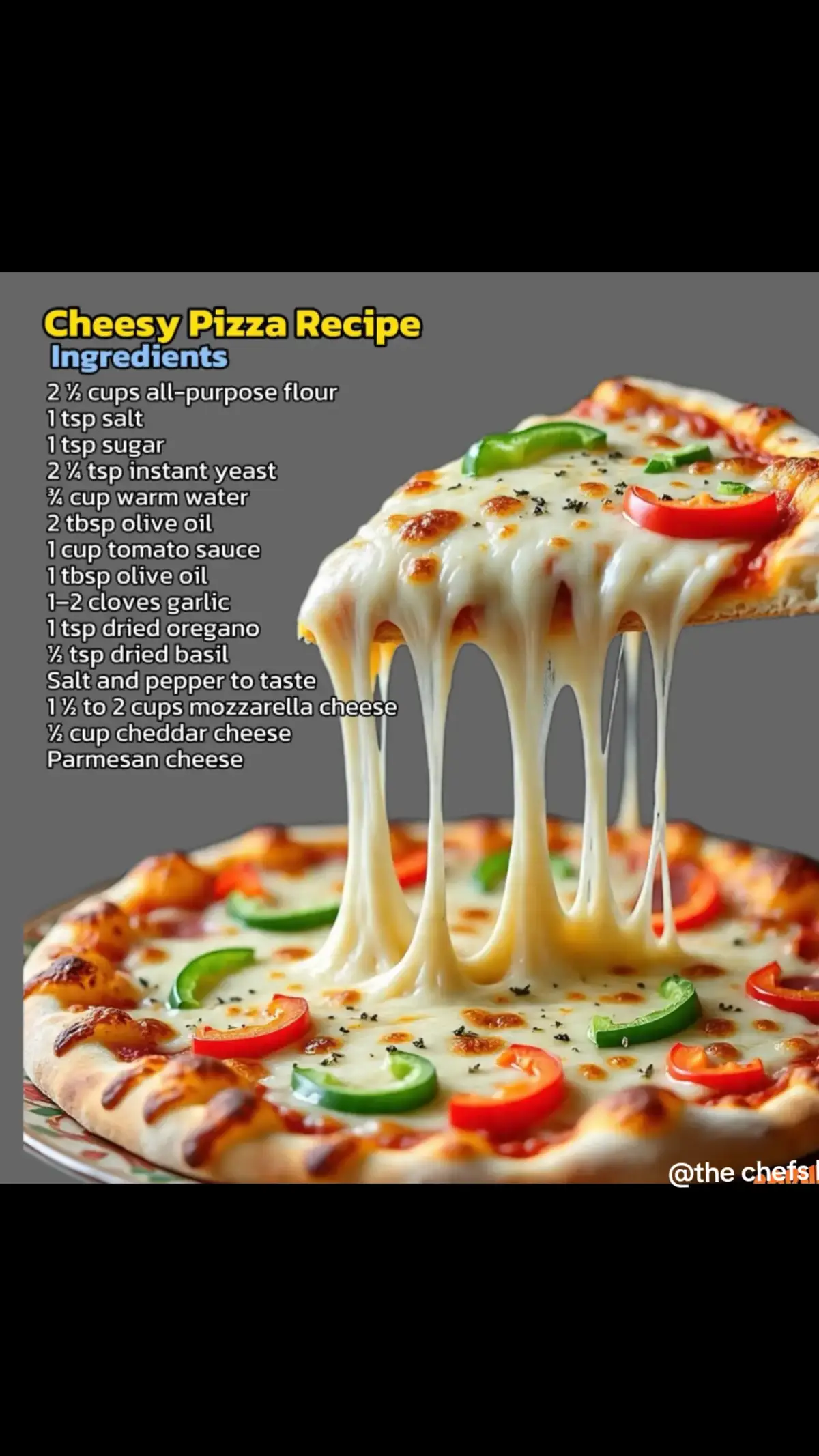 Cheesy Pizza Recipe..........😋😋😋 👉Ingredients For the Dough (makes 1 large pizza or 2 medium):  • 2 ½ cups all-purpose flour (plus more for kneading)  • 1 tsp salt  • 1 tsp sugar  • 2 ¼ tsp (1 packet) instant yeast  • ¾ cup warm water (not hot)  • 2 tbsp olive oil (plus more for brushing) For the Pizza Sauce:  • 1 cup canned crushed tomatoes or tomato sauce  • 1 tbsp olive oil  • 1–2 cloves garlic, minced  • 1 tsp dried oregano  • ½ tsp dried basil  • Salt and pepper to taste  • ½ tsp sugar (optional, balances acidity) For the Toppings:  • 1 ½ to 2 cups shredded mozzarella cheese  • ½ cup shredded cheddar or any cheese blend (optional for extra cheesiness)  • Parmesan cheese, grated (for sprinkling)  • Optional: chili flakes, chopped basil, or Italian seasoning ⸻ 🧑‍🍳 Instructions 1. Prepare the Dough:  1. In a mixing bowl, combine warm water, sugar, and yeast. Let sit for 5–10 minutes until foamy.  2. Add flour, salt, and olive oil. Mix and knead for 8–10 minutes until smooth and elastic.  3. Cover and let rise in a warm place for 1–1.5 hours or until doubled in size. 2. Make the Sauce:  1. In a saucepan, heat olive oil over medium heat. Sauté garlic for a few seconds.  2. Add crushed tomatoes, oregano, basil, salt, pepper, and sugar.  3. Simmer on low for 10–15 minutes until slightly thickened. Let it cool. 3. Assemble the Pizza:  1. Preheat oven to 220°C (430°F). If using a pizza stone, preheat it as well.  2. Roll out the dough on a floured surface to your preferred thickness.  3. Transfer to a greased baking tray or pizza stone.  4. Spread pizza sauce over the dough.  5. Add shredded mozzarella generously, then sprinkle cheddar and parmesan if using.  6. Add herbs or toppings of choice. 4. Bake:  1. Bake for 12–15 minutes or until the cheese is bubbly and golden, and the crust is cooked through.  2. Optional: Broil for 1–2 minutes for a bubbly browned cheese top.  3. Slice and enjoy hot!#FoodLover #Recipe #tiktokzambia #tiktokzambia🇿🇲 