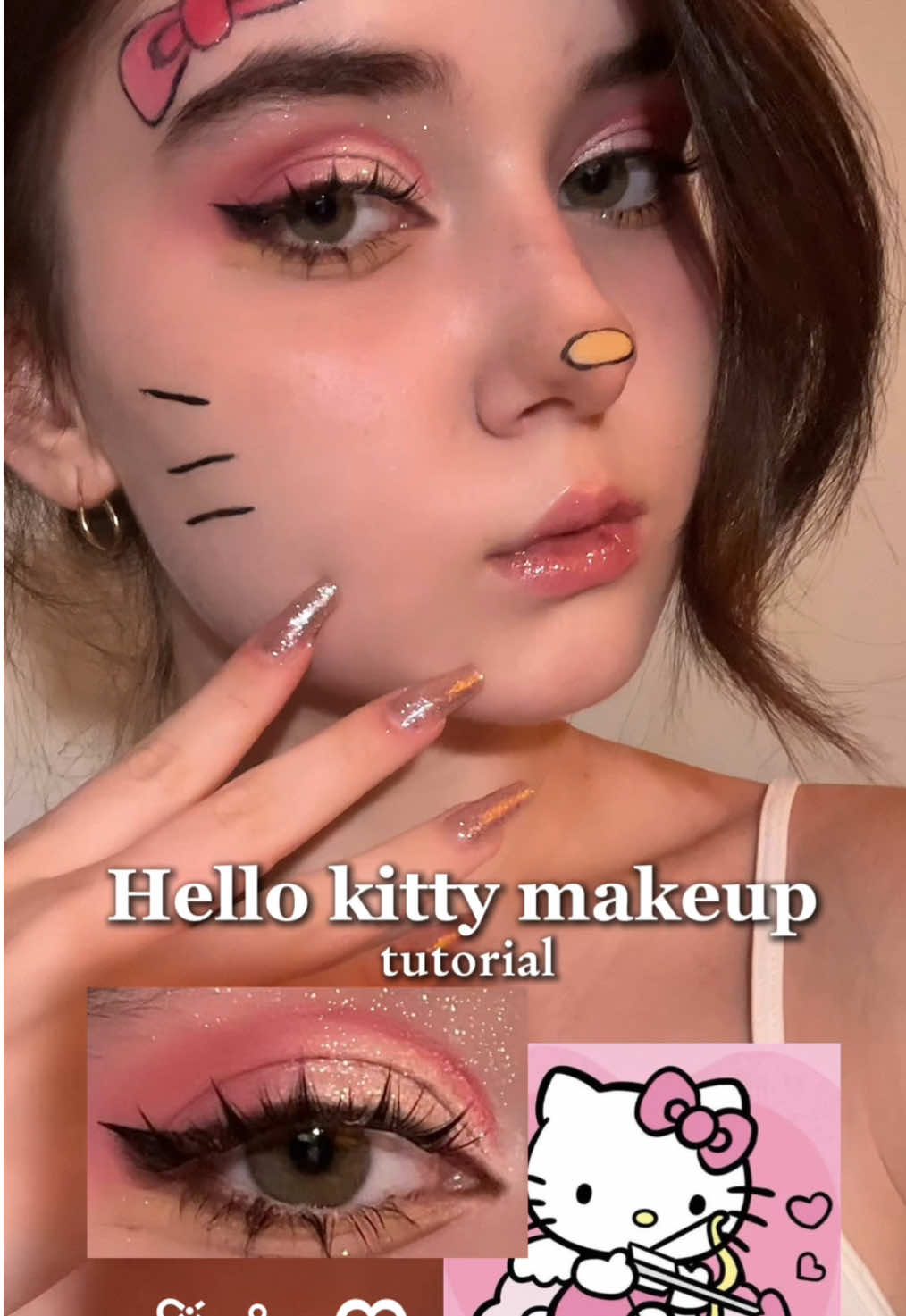 Inst: charm.ren | Do you like it?🍒🩷 #hellokitty #hellokittymakeup #glitter #glittermakeup #douyinmakeup #chinesemakeup #xiaohongshu #kbeauty #makeup 