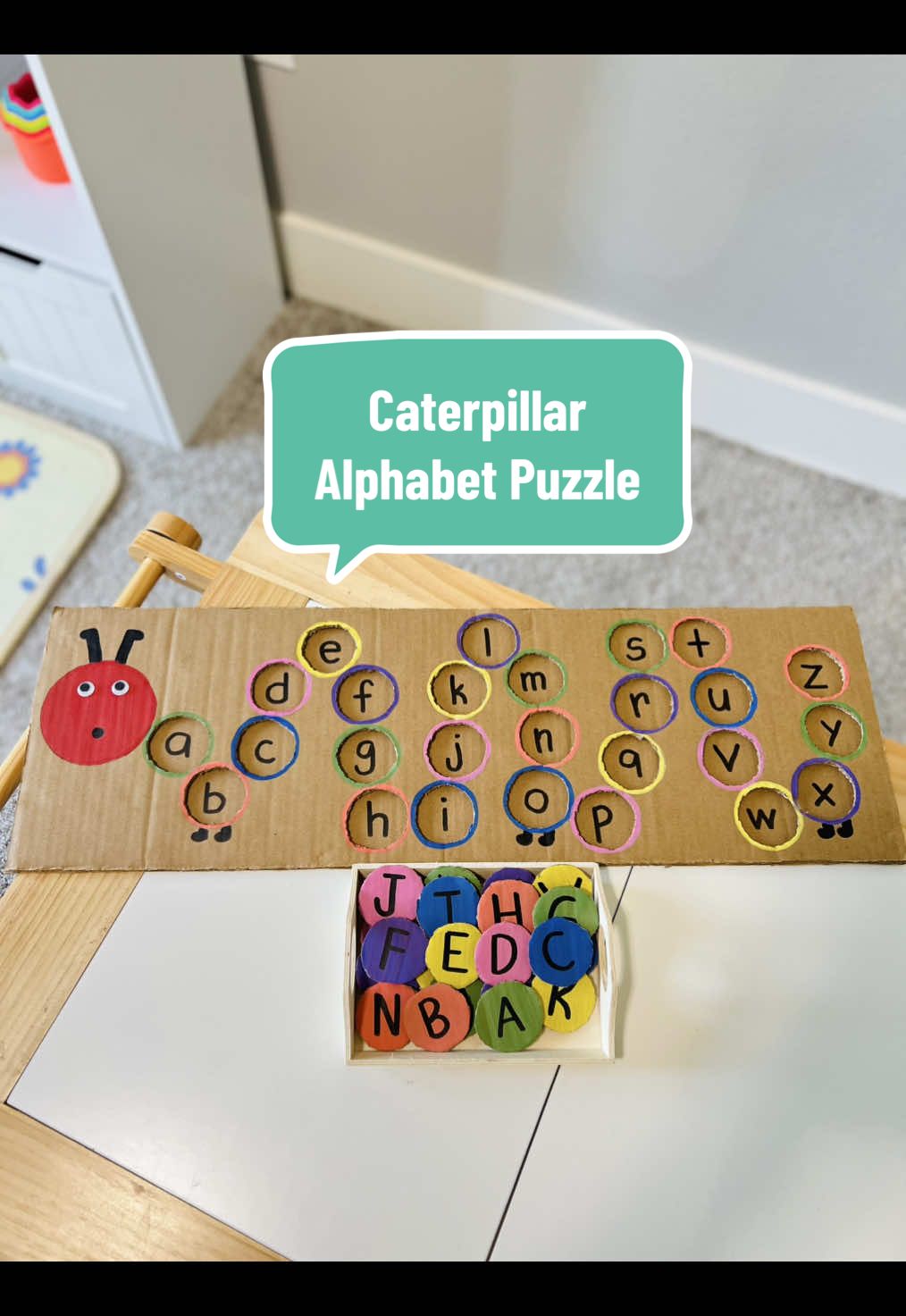 Looking for a fun way to teach letters? Try this caterpillar alphabet puzzle! It's perfect for practicing letter recognition, fine motor skills, and focus. Your child will surely enjoy it! #montessoriactivities #diyactivitiesforkids #learningthroughplay #toddleractivities #preschoolactivities #kindergartenactivities #alphabetactivities #alphabet 