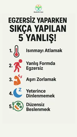 Egzersiz Yaparken Sıkça Yapılan 5 Yanlış! 🚫🏋️‍♂️ Spor yaparken küçük hatalar büyük sorunlara yol açabilir! Isınmayı atlamak, yanlış formda egzersiz yapmak, aşırı zorlamak, yeterince dinlenmemek ve düzensiz beslenmek, en sık karşılaşılan hatalardan sadece bazıları. Bu hatalardan kaçınarak daha sağlıklı ve etkili bir antrenman yapabilirsiniz. Doğru egzersiz, güçlü bir beden ve zinde bir zihin demektir. Hadi, sporunuzu güvenle yapın! 💪✨ #egzersiz #sporhataları #doğruantrenman #Fitness #sağlıklıyaşam #spor #fitkal #antrenman #sporönerileri #sağlık #harekethayatdır #fitnessmotivation #sporbilgisi #sağlıklıalışkanlıklar #istanbul #izmir #kesfetteyiz 