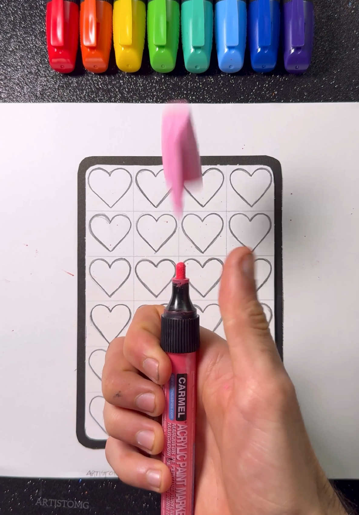 Satisfying Pattern of Hearts! 😍✨💖 Love Art Idea with Black & Pink Tones! 🫶 Made with  Acrylic Paint Markers! 🎨 #SatisfyingArt #LoveDesign  #PinkAndBlack #ArtistOMG