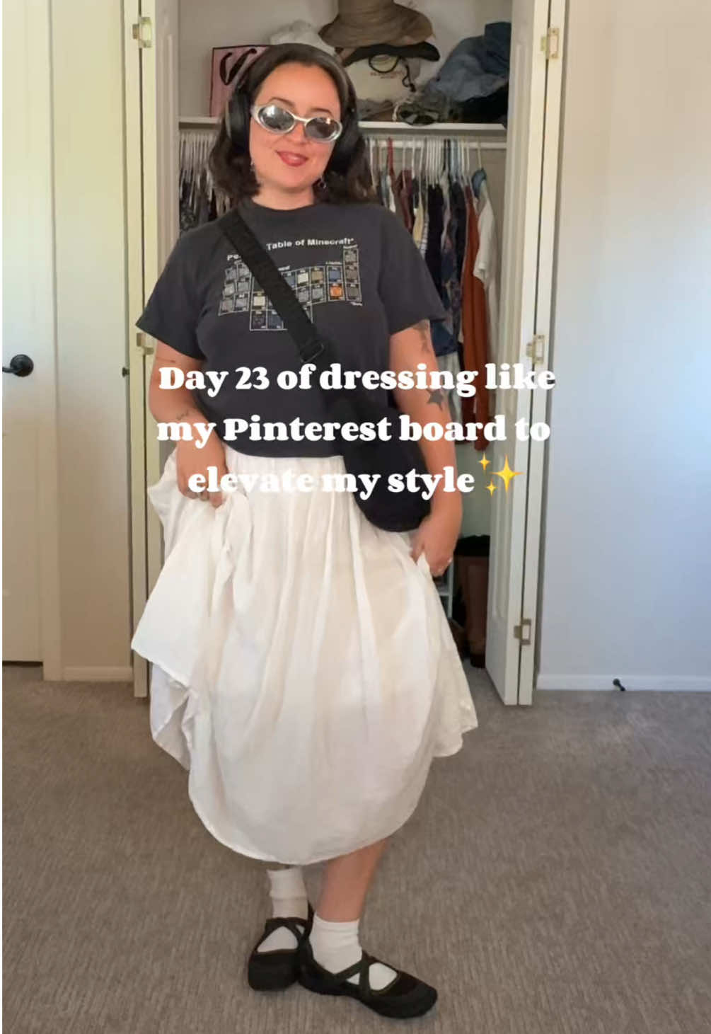 These ballet flats have been ALL OVER my Pinterest right now and I found some Clark’s brand ones at the thrift!!! I think the @Pit Viper sunglasses really make this look like a true Pinterest girly vibe tho lol. That or the Minecraft shirt🤭 #fyp #foryoupage #viral #trending #getdressedwithme #grwm #getreadywithme #outfitinspo #momoutfitinspo #summeroutfitinspo #baggu 