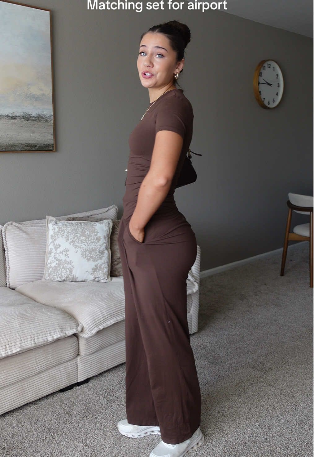 Love this two piece set! Great for running errands, traveling, etc! Such a comfy set!  #loungewear #twopieceset #traveloutfit #matchingset #airportoutfit 