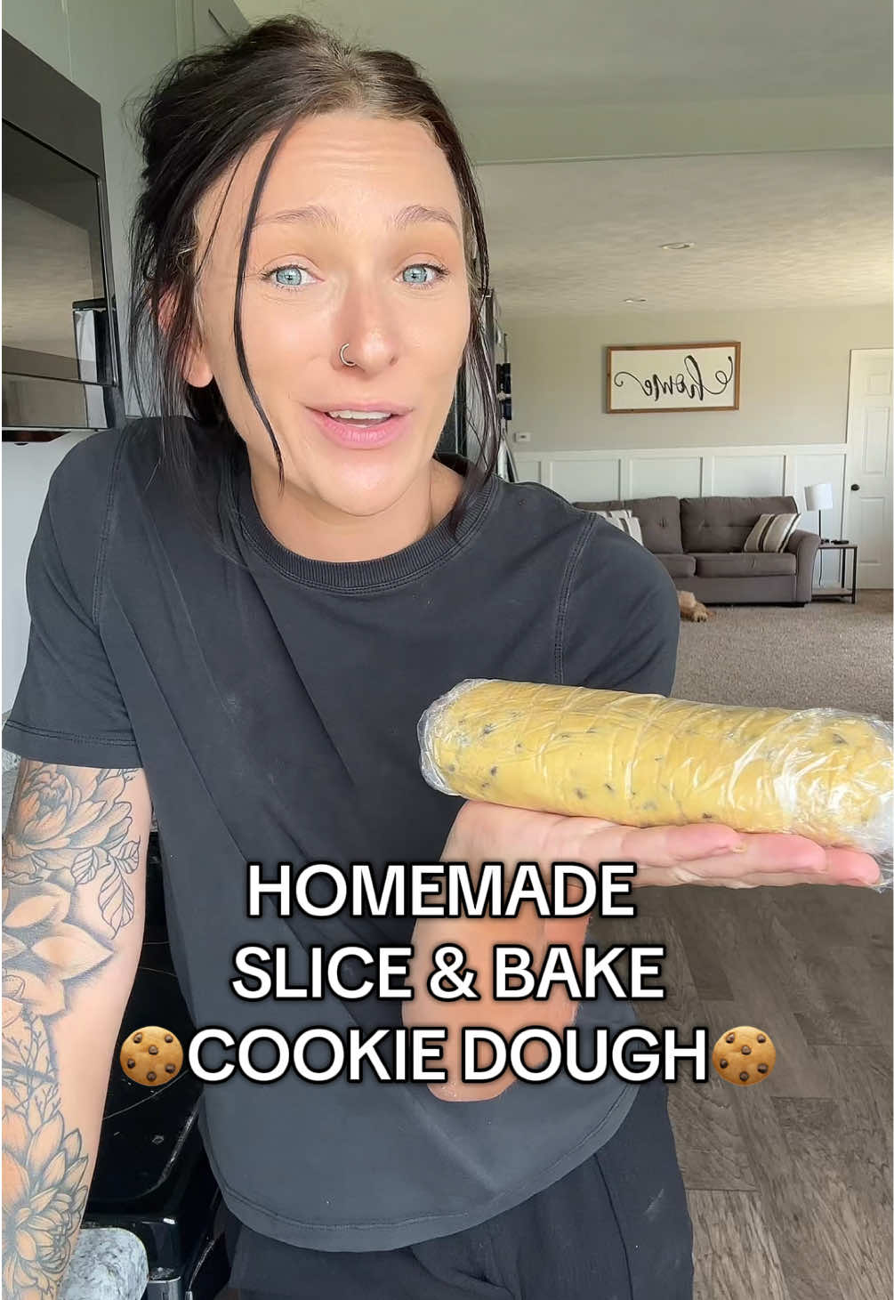 HOMEMADE SLICE & BAKE COOKIE DOUGH 🍪 Ingredients 2 1/4c flour  1/2 tsp baking soda 1c unsalted butter, room temperature 1/2c granulated sugar 1c packed brown sugar 1 tsp salt  2 tsp vanilla extract  2 eggs  1c semi sweet chocolate chips   In small bowl, combine flour and baking soda.  In medium bowl, beat butter, sugar, brown sugar, and salt until smooth.  Add add vanilla and eggs and beat until combined.  Gradually add the bowl of dry ingredients.  Fold in chocolate chips.  Chill the dough in the fridge for 1 hour.  Divide dough in half and place each half on plastic wrap or wax paper. Roll into a log shape.  Refrigerate for up to 1 week or freeze for up to 3 months.  TO BAKE:  Preheat oven to 350. Slice 1/4-1/2 inch thick slices. Bake time will vary depending on thickness of cookie.  Bake for 9-11 minutes if refrigerated, 12-15 minutes from frozen or until golden. Bake time will vary depending on thickness of cookie. 