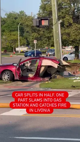 JUST IN 🚨: A crash left a car split in half and part of a gas station on fire Friday evening in Livonia.
