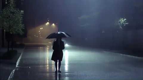 She walked straight into the storm, unbothered by the headlights or the rain. 🌧️🖤 #WalkingInTheRain #RainAesthetic #MoodyVibes #UmbrellaMood #CinematicRain #NightWalks #RainyNights #SoftStorms #FYPシ #ForYou #TikTokRain #RainScene #DarkVibes #EmotionalAmbience #rain