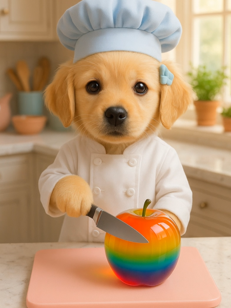 He’s just a lil guy. A lil chef. A lil rainbow apple assassin. 🍎🔪🐶💙 If this doesn’t make your day better, your heart’s undercooked. Follow for more tiny chaos in a chef’s hat. #TinyPawCompany #ChefPup #PuppyChef #CutestDogEver #ASMRslice #WholesomeContent #DogTok #Pupperfection #RainbowApple