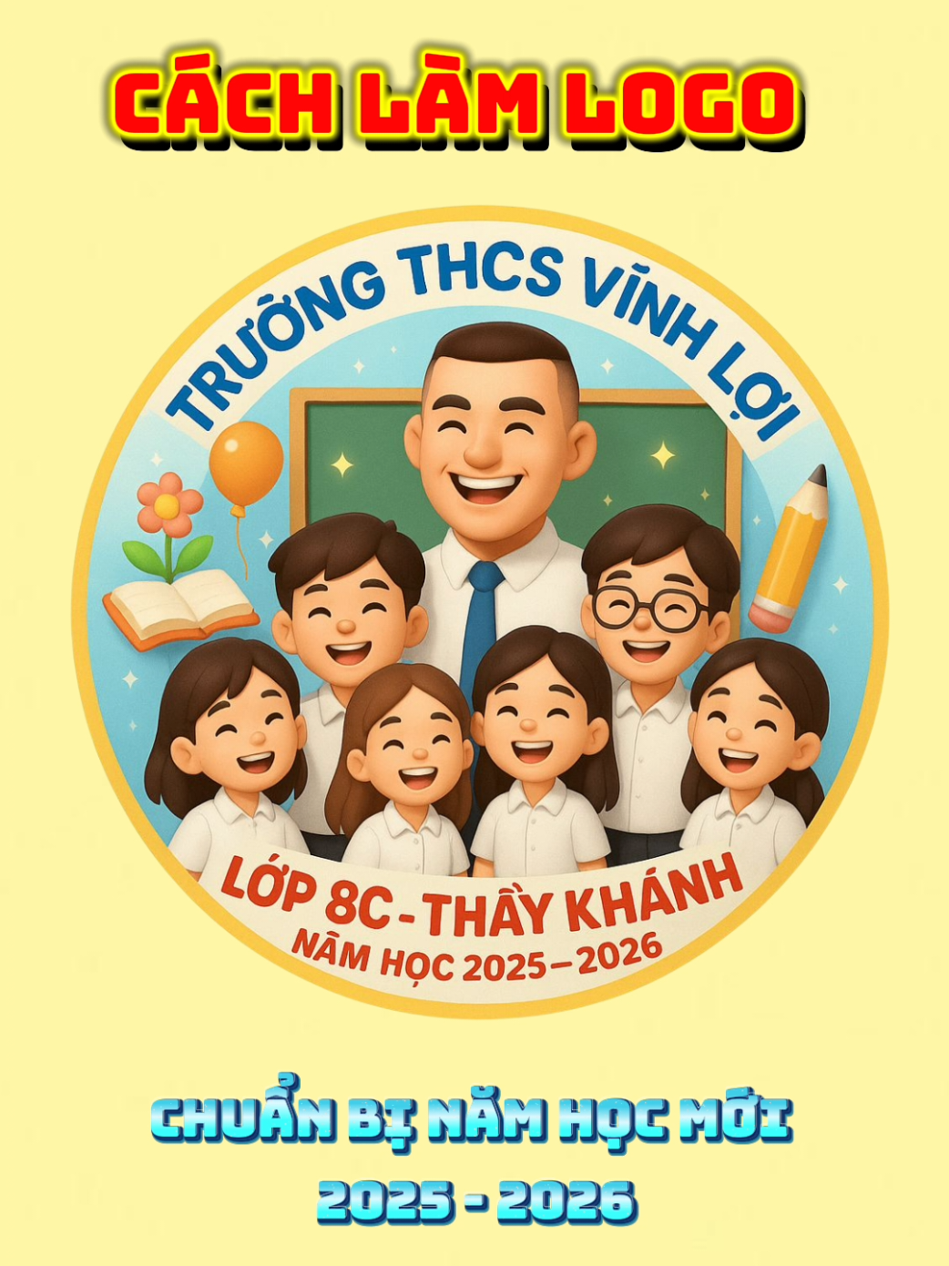 💐 Tạo logo nhóm lớp bằng chat GPT:  - Bước 1: Vào Chat GPT - Bước 2: Copy câu lệnh bên dưới dán bào Chat GPT (Bạn có thể thay đổi một số thông tin như tên, lớp, màu sắc,..)  - Bước 3: Bấm gửi và chờ kết quả... Tạo một logo hình tròn phong cách hoạt hình 3D dễ thương. Hình ảnh gồm: Thầy giáo, mặc áo trắng, cavat, quần đen, cười tươi, đứng cạnh các em học sinh lớp 8, vui cười, mặc áo sơ mi trắng, quần màu đen. Bối cảnh là lớp học hoặc sân trường tươi sáng, có các biểu tượng học tập như bảng đen, sách vở, hoa, bóng bay và bút chì. Màu chủ đạo là xanh da trời nhạt và vàng tươi. Nền có ánh sáng nhẹ, hiệu ứng lấp lánh tạo cảm giác vui tươi, ấm áp. Dòng chữ chính: TRƯỜNG THCS VĨNH LỢI
