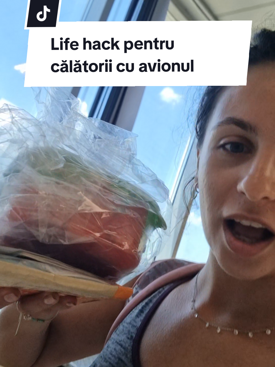 Din seria moduri în care poți sfida companiile low-cost și politicile lor, azi boicotăm apa de 15 ron/500ml din Aeroportul Otopeni și ne luăm o caserola de pepene roșu, că tot e sezonul.  Pepenele e 90% apă. Cu toate acestea, nu a bipăit la securitate. Recomand cu încredere!  #bianca_sis #avion #călătorie 