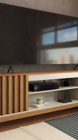 📺 Seu cantinho da TV mais bonito e organizado! Rack retrô ripado com 2 portas, 1 prateleira e espaço pra TV de até 60