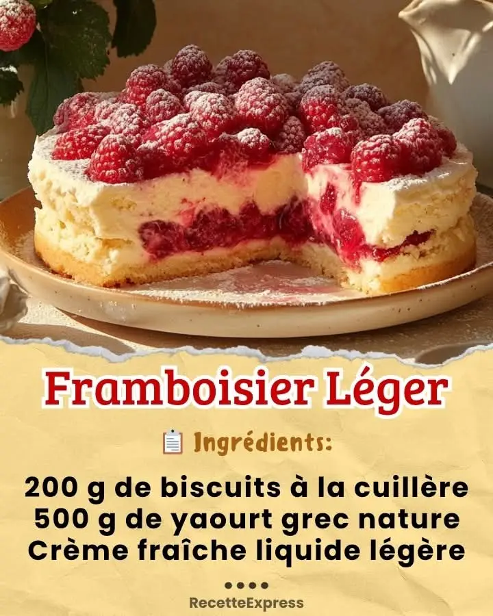 Ingrédients : 300 g de framboises fraîches (ou surgelées, décongelées) 200 g de biscuits à la cuillère 500 g de yaourt grec nature 200 ml de crème fraîche liquide légère 50 g de sucre en poudre (ou selon votre goût) 1 sachet de sucre vanillé Jus d'un citron Feuilles de menthe pour la décoration Instructions : Préparation du mélange de yaourt : Dans un bol, mélangez le yaourt grec avec le sucre en poudre et le sucre vanillé. Préparation de la crème fouettée : Fouettez la crème fraîche liquide jusqu'à ce qu'elle soit ferme. Incorporez délicatement la crème fouettée au mélange de yaourt. Ajout du citron : Ajoutez le jus de citron et mélangez bien. Montage du framboisier : Dans un plat de service, disposez une couche de biscuits à la cuillère imbibés légèrement de jus de citron. Étalez une partie du mélange de yaourt sur les biscuits. Disposez la moitié des framboises sur le yaourt. Répétez les couches avec le reste des biscuits, du yaourt et des framboises. Terminez par une couche de yaourt et décorez avec quelques framboises et des feuilles de menthe. Réfrigération : Réfrigérez pendant au moins 2 heures avant de servir pour que les saveurs se mélangent bien. Dégustation : Préparation : 20 minutes Temps de repos : 2 heures Total : 2 heures 20 minutes Pour : Environ 6 personnes Information Nutritionnelle : Calories : 220 par portion Glucides : 30 g Protéines : 8 g Lipides : 8 g Bon appétit !