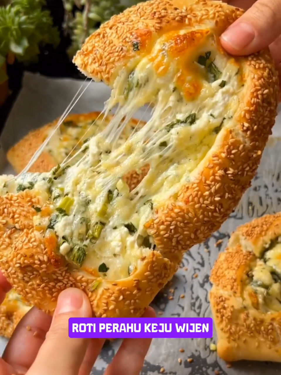 🔥 Roti mini keju lumer? YES PLEASE! Renyah di luar, lembut di dalam, dan keju meleleh di setiap gigitan! Wajib kamu coba di rumah, Bu! 😍🧀 --- Roti Perahu Keju Wijen 🧀 Bahan-bahan: 📏 Ukuran 1 gelas = 200 ml Untuk Adonan: 1 gelas air hangat 1 gelas susu cair hangat ½ gelas minyak goreng 1 butir putih telur 1 bungkus ragi instan (±7 gram) 1 sdm munjung gula pasir 1 sdm rata garam 4½ – 5 gelas tepung terigu protein sedang (masukkan secara bertahap) Untuk Isian: Campuran keju cheddar parut dan keju feta (bisa diganti keju putih lokal) Daun bawang dan seledri cincang halus (bisa tambahkan parsley jika suka) Untuk Bagian Pinggir: 4 sdm sirup gula aren encer (campur 4 sdm sirup gula aren atau madu dengan 4 sdm air) Wijen sangrai secukupnya --- Cara Membuat: 1. Campurkan semua bahan adonan (kecuali tepung) dalam mangkuk besar. 2. Tambahkan tepung sedikit demi sedikit sambil diuleni hingga menjadi adonan yang lembut dan tidak lengket di tangan. 3. Tutup adonan, diamkan di tempat hangat hingga mengembang 2 kali lipat. 4. Setelah mengembang, bagi adonan menjadi 12 bagian sama rata. 5. Giling tiap bagian membentuk oval kecil. Tambahkan isian keju dan daun bawang di tengah. 6. Lipat sisi kiri dan kanan membentuk perahu kecil (pide). 7. Celupkan pinggirannya ke dalam larutan gula aren, lalu balur dengan wijen sangrai. 8. Balik roti (bagian isian menghadap ke atas), tata di atas loyang berlapis kertas roti. 9. Gunakan pisau untuk membuat sedikit sayatan di bagian tengah lalu buka sedikit agar bentuk pidenya tampak. 10. Panggang dalam oven suhu 200°C yang telah dipanaskan, hingga bagian atasnya kecokelatan dan matang sempurna. 📌 Tips: Anda bisa mengganti isian sesuai selera, misalnya daging asap, jamur, atau keju mozarella. #RotiPerahu #KejuLumer #RotiWijen #PerahuKeju #WijenGurih #RotiLumer #KejuTarik #IdeCemilan #RotiPanggang #CamilanRumahan #RotiGurih 