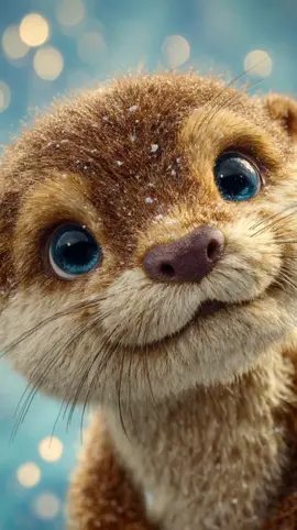 Ein ultra-flauschiger Baby-Otter mit leicht feuchtem, kuscheligem Fell drückt ein rotes Plüschherz fest an sich. Seine riesigen, glänzenden Beanie-Boo-Augen in leuchtendem Blau funkeln vor Freude. Er lächelt überglücklich in die Kamera – mit kleinen Zähnchen, die sein süßes Gesicht noch herziger machen. Um ihn glitzert das Wasser, während Lichtreflexe auf seinem Fell tanzen. #fluffyfriends #cute #cuteanimals #otter #herzmoment