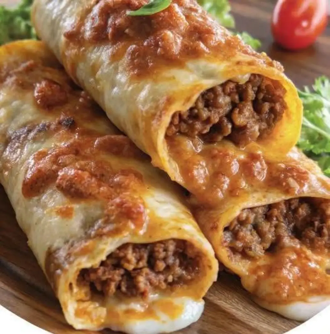 Crispy Beef & Cheese Chimichangas Ingredients: 8 large flour tortillas (10-inch) 1 lb ground beef (80/20) 1 small onion, finely chopped 2 cloves garlic, minced 1 tsp ground cumin 1 tsp chili powder ½ tsp smoked paprika Salt and pepper, to taste 1 cup shredded cheddar cheese 1 cup shredded Monterey Jack cheese 2 tbsp chopped fresh cilantro (plus more for garnish) 2 tbsp vegetable oil (for frying) Sour cream, salsa, and guacamole for serving Directions: Cook the Filling: In a large skillet over medium-high heat, cook ground beef, onion, and garlic until beef is browned and onion is softened (about 5–7 minutes). Drain any excess fat. Season: Stir in cumin, chili powder, smoked paprika, salt, and pepper. Cook for another minute until fragrant. Remove from heat, then mix in shredded cheddar, Monterey Jack, and chopped cilantro. Assemble Chimichangas: Warm tortillas slightly to make them pliable. Spoon about ⅓ cup of beef-cheese mixture onto the center of each tortilla. Fold in the sides, then roll up tightly from one edge, keeping the seam on the bottom. Fry Until Crispy: In a large skillet, heat about 2 tbsp vegetable oil over medium heat. Once shimmering, add chimichangas seam-side down. Fry 2–3 minutes per side until golden brown and crisp, turning carefully with tongs. Drain: Remove chimichangas and place on a plate lined with paper towels to absorb excess oil. Serve: Slice each chimichanga in half or serve whole. Garnish with extra cilantro and offer sour cream, salsa, and guacamole on the side.