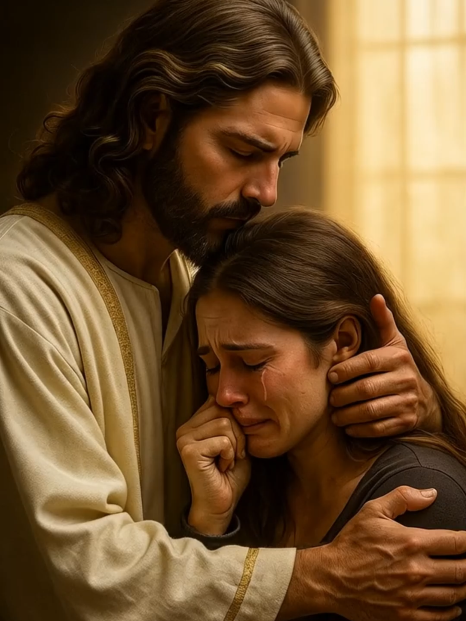 Em meio ao desespero, ela foi envolvida pelo único abraço que entende suas lágrimas. #JesusEntendeADor #SocorroPresente #ConsoloEterno #PazDeCristo #eleestácomvocê❤️