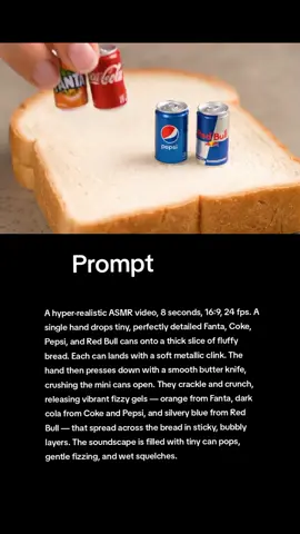 Toast Trending Prompt Ai Free. A hyper-realistic ASMR video, 8 seconds, 16:9, 24 fps. A single hand drops tiny, perfectly detailed Fanta, Coke, Pepsi, and Red Bull cans onto a thick slice of fluffy bread. Each can lands with a soft metallic clink. The hand then presses down with a smooth butter knife, crushing the mini cans open. They crackle and crunch, releasing vibrant fizzy gels — orange from Fanta, dark cola from Coke and Pepsi, and silvery blue from Red Bull — that spread across the bread in sticky, bubbly layers. The soundscape is filled with tiny can pops, gentle fizzing, and wet squelches. #ai #fyp #veo3 #chatgpt #viralprompts #klingai #dreamai31  #fentysuperbrandday @Aismr 