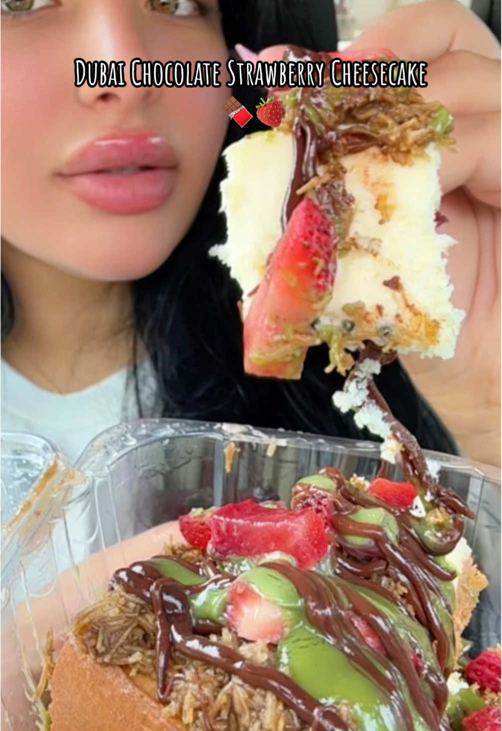 If heaven had a flavor… it would be this Dubai chocolate strawberry cheesecake from Middle Eats 🤤 Drizzled in rich chocolate, pistachio sauce, and topped with fresh strawberries. This was next level! @Middle Eats #dubaichocolate #cheesecake #mukbang #mukbangeatingshow #eatwithme 