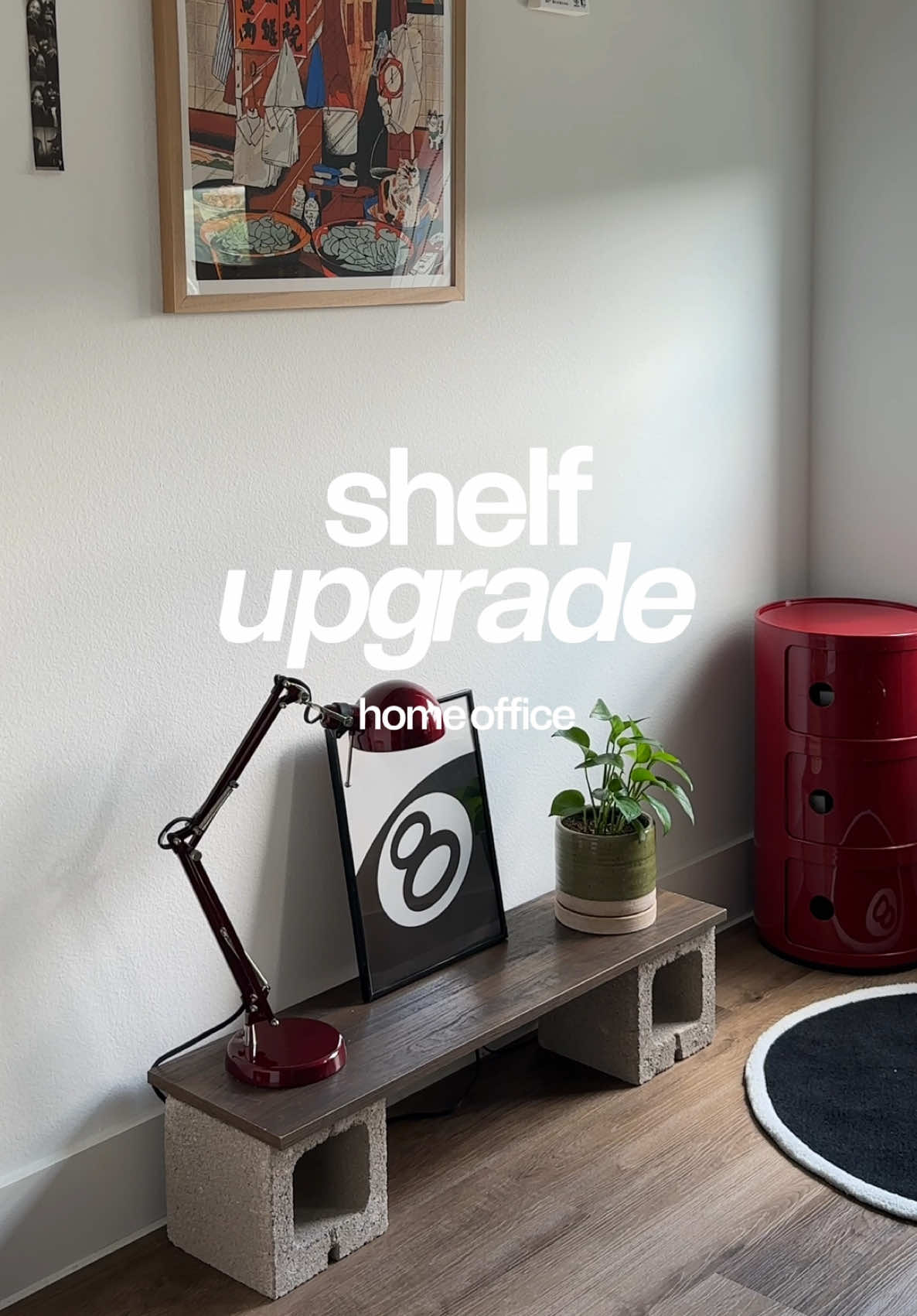 Will not show you the other side of my office but this shelf upgrade was def needed for the compiling junk corner 🫣 #homeoffice #homedecor #apartmentdecor #diyshelf #cinderblock 