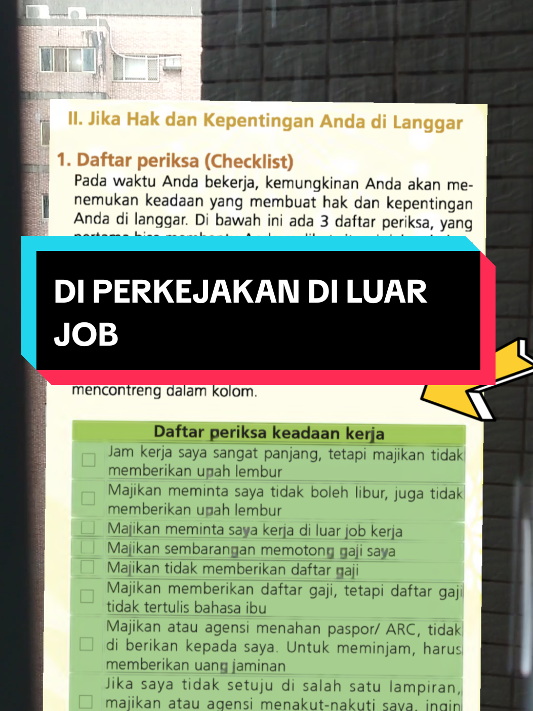Membalas @anggunkitya #hak #tkitaiwan🇹🇼 #kdeitaipei #1955  PMI berhak mendapatkan perlindungan, tidak boleh di perkejakan di luar Job Jika mendapat i pelanggaran hak  Langkah-langkah rinci: 1. Hubungi Hotline 1955: Ini adalah saluran konsultasi dan pengaduan tenaga kerja yang dikelola oleh Kementerian Tenaga Kerja Taiwan (MOL). Hotline ini beroperasi 24 jam dan bebas pulsa.  2. Hubungi KDEI Taipei: KDEI Taipei memiliki bagian Tenaga Kerja yang dapat dihubungi untuk pengaduan dan konsultasi. Anda bisa menghubungi mereka di nomor +886 (02) 87526170, ext. 617, 620, atau 626.  3. Hubungi Kantor Polisi: Jika Anda mengalami penipuan atau kejahatan lainnya, segera laporkan kejadian tersebut ke kantor polisi setempat.  4. Laporkan ke Kantor Biro Tenaga Kerja: Anda juga dapat mengajukan pengaduan ke kantor biro tenaga kerja di kabupaten atau kota tempat Anda bekerja.  5. Manfaatkan Pusat Konseling TKA: Beberapa pusat konseling TKA di berbagai daerah juga dapat membantu Anda dalam menangani masalah dengan agen atau majikan.  Informasi Tambahan: Kumpulkan Bukti: Sertakan semua bukti yang relevan dengan pelanggaran yang Anda alami, seperti kontrak kerja, bukti pembayaran, dan komunikasi dengan agen. Lapor Segera: Laporkan pelanggaran sesegera mungkin setelah Anda mengetahuinya untuk memastikan tindakan yang tepat dapat diambil. Hotline Anti Penipuan: Jika Anda menjadi korban penipuan, Anda juga dapat menghubungi hotline anti penipuan Kepolisian Taiwan di nomor 165. 