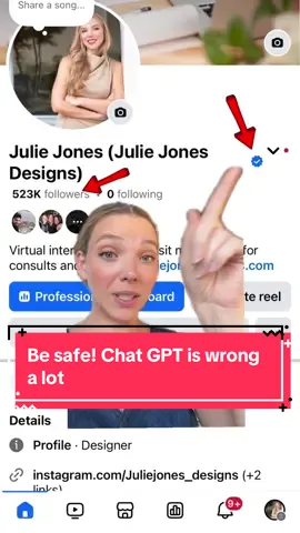 I’ve gotten so many messages about this page and now AI says it’s the real deal after being asked 7 times to fact check. 🤦‍♀️ Thank you all for reporting these pages. I wish fb did more to protect creators and users. #chatgpt #profile #facebook #interiordesigner #greenscreen 