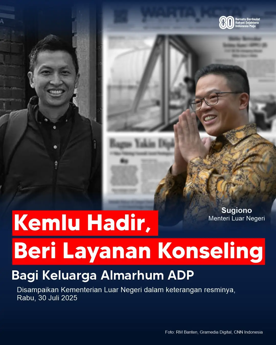 @kemluri mengikuti proses penyelidikan wafatnya Sdr. ADP secara seksama dan transparan. Sejak awal, Kemlu bekerja sama dengan keluarga, kepolisian, para ahli, hingga Komnas HAM untuk mendukung pengungkapan kasus ini secara terang-benderang. Menlu RI telah mengunjungi rumah duka di Yogyakarta dan Kemlu juga memberikan layanan konseling psikologi bagi keluarga. Pendampingan akan terus dilakukan dengan empati, keterbukaan, dan objektivitas. #KemluRI #DiplomasiManusiawi #ADP #KeadilanTransparan #EmpatiNegara