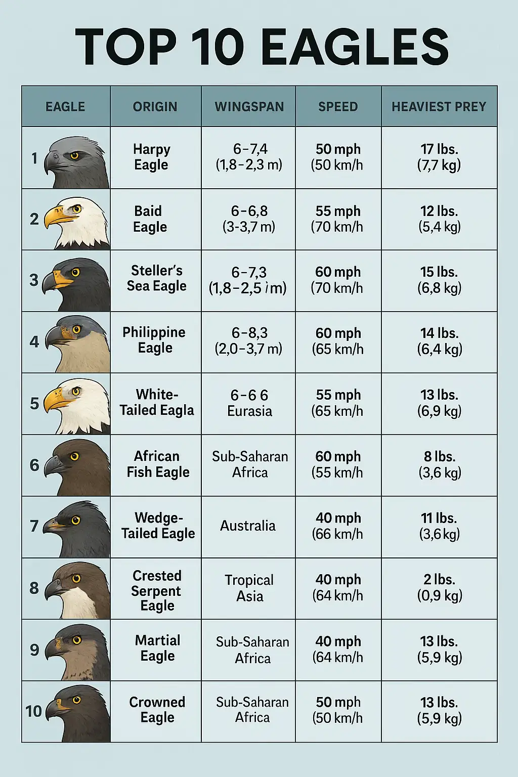 Top 10 Eagles in the infographic, including their origin, wingspan, speed, and heaviest prey: ⸻ 1️⃣ Harpy Eagle 	•	Origin: Central and South America (tropical rainforests). 	•	Wingspan: 6–7.4 ft (1.8–2.3 m). 	•	Speed: ~50 mph (80 km/h). 	•	Heaviest Prey: ~17 lbs (7.7 kg), mainly monkeys and sloths. 	•	Note: One of the most powerful eagles, with talons as strong as a grizzly bear’s grip. ⸻ 2️⃣ Bald Eagle 	•	Origin: North America. 	•	Wingspan: 6–6.8 ft (1.8–2.1 m). 	•	Speed: ~55 mph (70 km/h). 	•	Heaviest Prey: ~12 lbs (5.4 kg), primarily fish but can include ducks and small mammals. 	•	Note: National bird of the United States, known for its keen eyesight. ⸻ 3️⃣ Steller’s Sea Eagle 	•	Origin: Northeastern Asia (Russia, Japan). 	•	Wingspan: 6–7.3 ft (1.8–2.5 m). 	•	Speed: ~60 mph (70 km/h). 	•	Heaviest Prey: ~15 lbs (6.8 kg), mainly fish and seabirds. 	•	Note: One of the heaviest eagle species in the world. ⸻ 4️⃣ Philippine Eagle 	•	Origin: Philippines’ tropical forests. 	•	Wingspan: 6–8.3 ft (2.0–2.5 m). 	•	Speed: ~60 mph (65 km/h). 	•	Heaviest Prey: ~14 lbs (6.4 kg), primarily monkeys and large birds. 	•	Note: Critically endangered and among the largest eagles globally. ⸻ 5️⃣ White-Tailed Eagle 	•	Origin: Eurasia. 	•	Wingspan: 6–6.6 ft (1.8–2.0 m). 	•	Speed: ~55 mph (65 km/h). 	•	Heaviest Prey: ~13 lbs (5.9 kg), mainly fish, water birds, and small mammals. 	•	Note: Sometimes called “the sea eagle” due to its coastal habitats. ⸻ 6️⃣ African Fish Eagle 	•	Origin: Sub-Saharan Africa. 	•	Wingspan: 6–8 ft (1.8–2.4 m). 	•	Speed: ~60 mph (55 km/h). 	•	Heaviest Prey: ~8 lbs (3.6 kg), mainly fish, occasionally small birds and reptiles. 	•	Note: Known for its powerful call, often called “the voice of Africa.” ⸻ 7️⃣ Wedge-Tailed Eagle 	•	Origin: Australia and Papua New Guinea. 	•	Wingspan: 7.5–9 ft (2.3–2.8 m). 	•	Speed: ~40 mph (65 km/h). 	•	Heaviest Prey: ~11 lbs (5 kg), including rabbits, reptiles, and carrion. 	•	Note: Largest bird of prey in Australia with excellent soaring capabilities. ⸻ 8️⃣ Crested Serpent Eagle 	•	Origin: Tropical Asia. 	•	Wingspan: ~5–6 ft (1.5–1.8 m). 	•	Speed: ~40 mph (64 km/h). 	•	Heaviest Prey: ~2 lbs (0.9 kg), mainly snakes and lizards. 	•	Note: Specialized in hunting reptiles, hence the name “serpent eagle.” ⸻ 9️⃣ Martial Eagle 	•	Origin: Sub-Saharan Africa. 	•	Wingspan: 6.5–8 ft (2.0–2.6 m). 	•	Speed: ~40 mph (64 km/h). 	•	Heaviest Prey: ~13 lbs (5.9 kg), including antelope calves, monkeys, and large birds. 	•	Note: One of Africa’s strongest eagles, capable of taking large prey relative to its size. ⸻ 🔟 Crowned Eagle 	•	Origin: Sub-Saharan Africa (dense forests). 	•	Wingspan: 5–6.5 ft (1.5–2.0 m). 	•	Speed: ~50 mph (80 km/h). 	•	Heaviest Prey: ~13 lbs (5.9 kg), mainly monkeys and small antelopes. 	•	Note: Known for short wings and agility for hunting in dense forest cover.