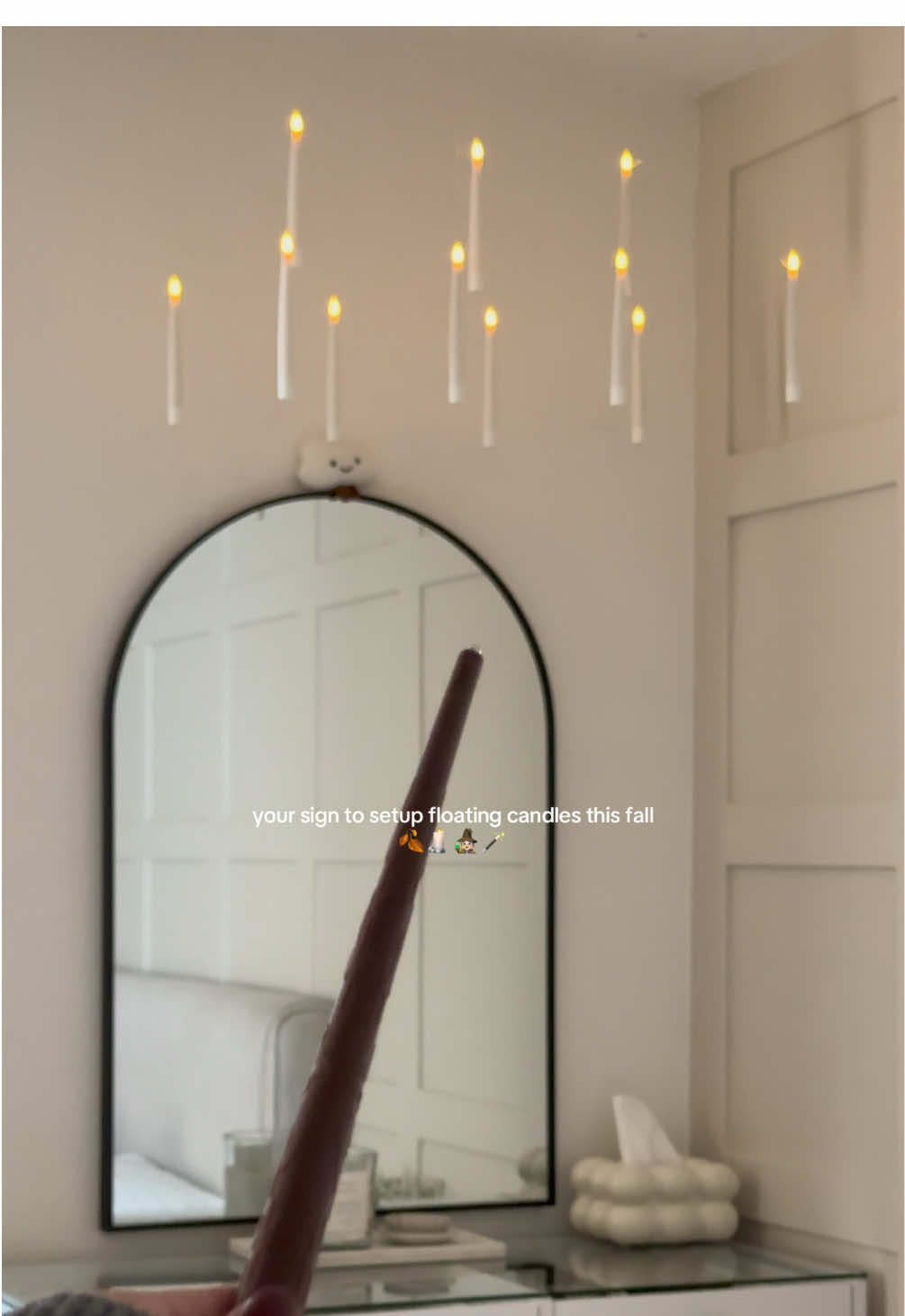 I might leave them up forever bc I’m obsessed 🤎 #floatingcandles #harrypotter #harrypotterfloatingcandles #magicwand #fall #halloween #falldecor 