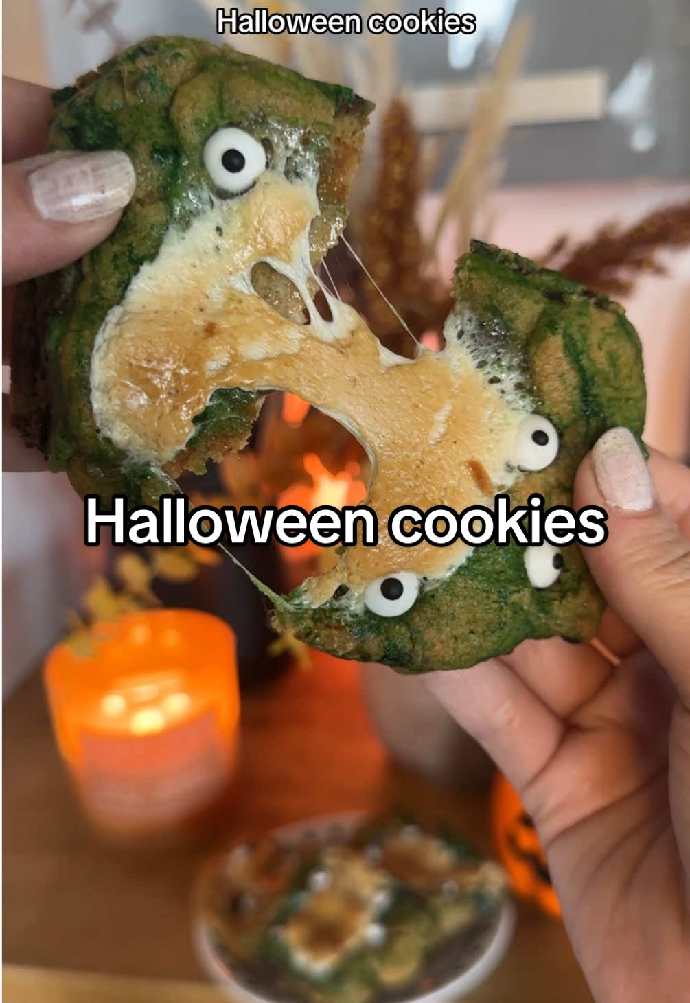 Halloween Cookie Recipe 🍪 That everyone will love! 🎃 S’mores GHOSTBUSTERS chocolate chip cookies! 💚👻 Not even kidding… these are the best cookies I’ve ever had!!! 🍪 They are also so easy to make and remind me of the slimmer ghosts from Ghostbusters! 👻  Here’s what I used: – Pillsbury chocolate chip cookie dough – A few drops of green food coloring (optional) – Graham crackers – Marshmallows – Candy eyeballs How I made them: 	1.	Broke graham crackers into squares and placed them on a baking sheet 	2.	Mix green food coloring into the dough and place on the outer edges of the gram cracker creating a circle 	3.	Put a marshmallow and a half in the center of the dough 	4.	make sure the cookie dough is wrapped around the marshmallow and cracker 	5.	Baked at 350° for 15- 17 mins 	6.	Add candy eyeballs after they come out of the oven and ENJOY!!! 🍪 I didn’t add a chocolate bar since the dough already had chocolate chips and honestly, that made them perfect.  Soft, gooey, and spooky in the best way. #HalloweenCookies #SmoresCookies #GhostBustersCookies #SpookyTreats #halloweencookie #halloweentreat #halloweenrecipe #autumncookies #fallcookies #halloweenvibes #HalloweenTreats #spookycookies #halloweensweets #halloweenbaking #fallbaking #halloween2025 