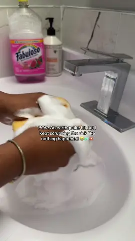 There was literally an earthquake… and I still kept scrubbing my sink 😭🧼 When you’re in the cleaning zone, not even Mother Nature can stop you 💅✨ This pink watermelon Fabuloso combo had me locked in fr! Check my Amazon Storefront for all my fave cleaning finds 🛒 https://stan.store/Cleanwithlove #C#CleanTokS#SinkScrubE#EarthquakeVibesF#FabulosoCleanUnbotheredAndScrubbing