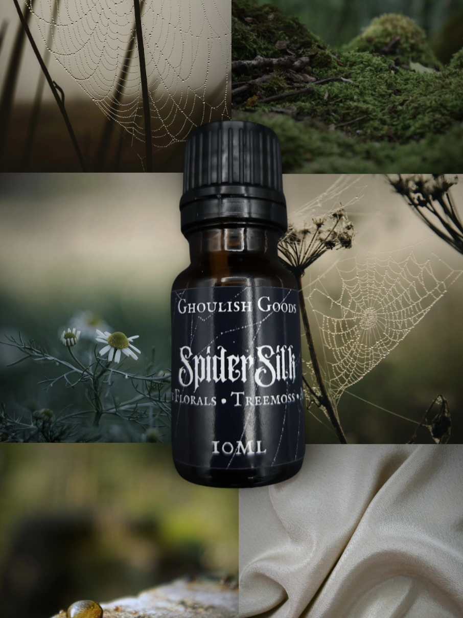 Spider Silk Perfume Oil would make a wonderful transitional scent if you want to embody something a little darker but without diving into the warm and cozy scents associated with fall.  It is a silky, woody, dewy aroma with notes of airy florals, treemoss, and amber.  It smells like a spiderweb, strewn across the base of a tree, covered in dew droplets and dancing in the morning breeze 🕸 #spidersilk #perfume #summerween 