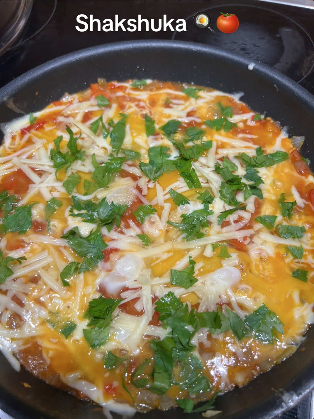 Shakshuka goodness! 🍳🍅 Juicy tomatoes, sweet onions, colorful bell peppers, fresh eggs, melted cheese, and fragrant parsley — a one-pan flavor explosion! 🌿🧀🔥#Shakshuka #EggLovers #OnePanMeal #MediterraneanFood #EasyBreakfast #FoodTok #fyp 