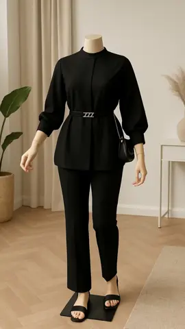 Tampil elegan dan profesional dengan setelan hitam minimalis ini. Outfit terdiri dari atasan lengan panjang dengan detail kerah tinggi dan ikat pinggang ramping yang mempertegas siluet tubuh. Dipadukan dengan celana panjang potongan lurus yang memberikan kesan ramping dan modern. Terbuat dari bahan berkualitas tinggi yang jatuh sempurna dan nyaman dipakai seharian. Cocok untuk tampilan kantor, acara formal, maupun gaya chic harian. Aksen tas kecil selempang menambah sentuhan feminin yang simpel namun classy. #SetelanHitam #OfficeLook #EleganMinimalis #OutfitKerja #ChicStyle #AllBlackOutfit #LookbookIndonesia #OOTDFormal #FashionModest #StyleWanitaModern
