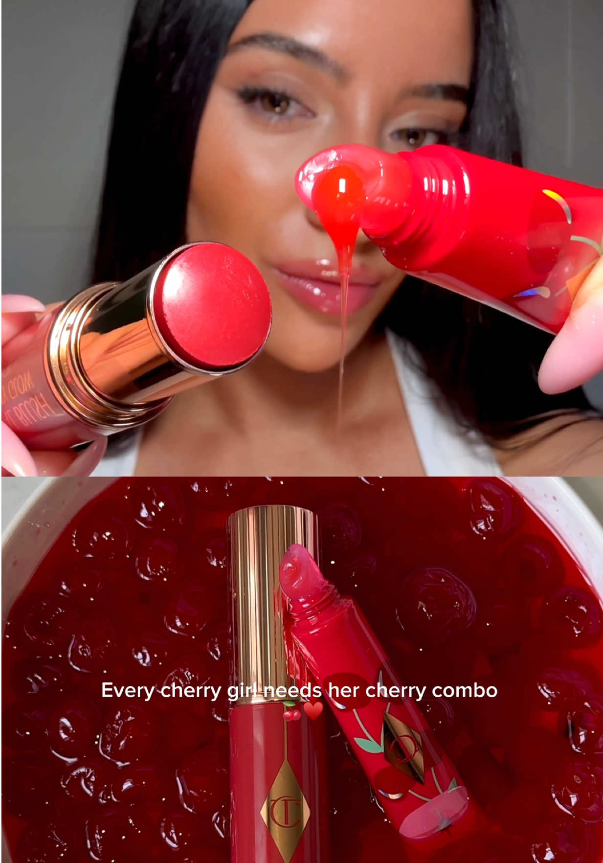 Cherry cheeks and lips but this the juiciest type of combo… They turn the lips and cheeks into literal candied, glazed glacé cherries 😚❣️🍒 Charlotte Tilbury Unreal Blush Glow Stick in ‘Cherry Glow’, Unreal Lips Healthy Glow Lip Oil in ‘Cherry Glaze’ #cherrymakeup #cherrylips #redblush #charlottetilbury 