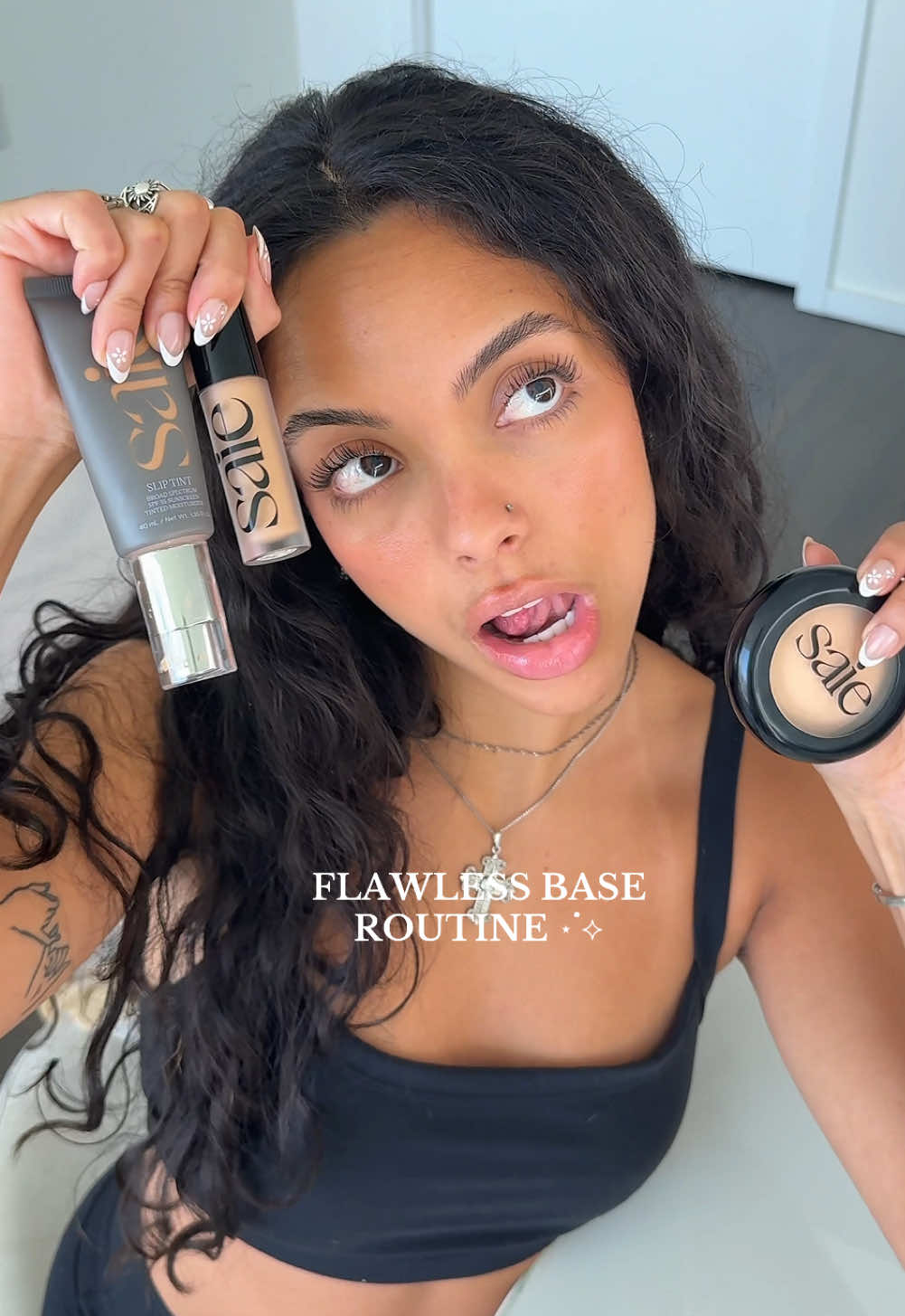 my glowy summer base routine💗🌟☁️ obsessed with the @Saie slip tint collection!!  all shades are in my ltk/amzn strfrnt <3  #saiebeauty #flawlessbase #basetutorial #makeupbase #makeuptutorial #grwm #glowyskin #glowymakeup #saieconcealer #saietintedmoisturizer #saiesettingpowder  