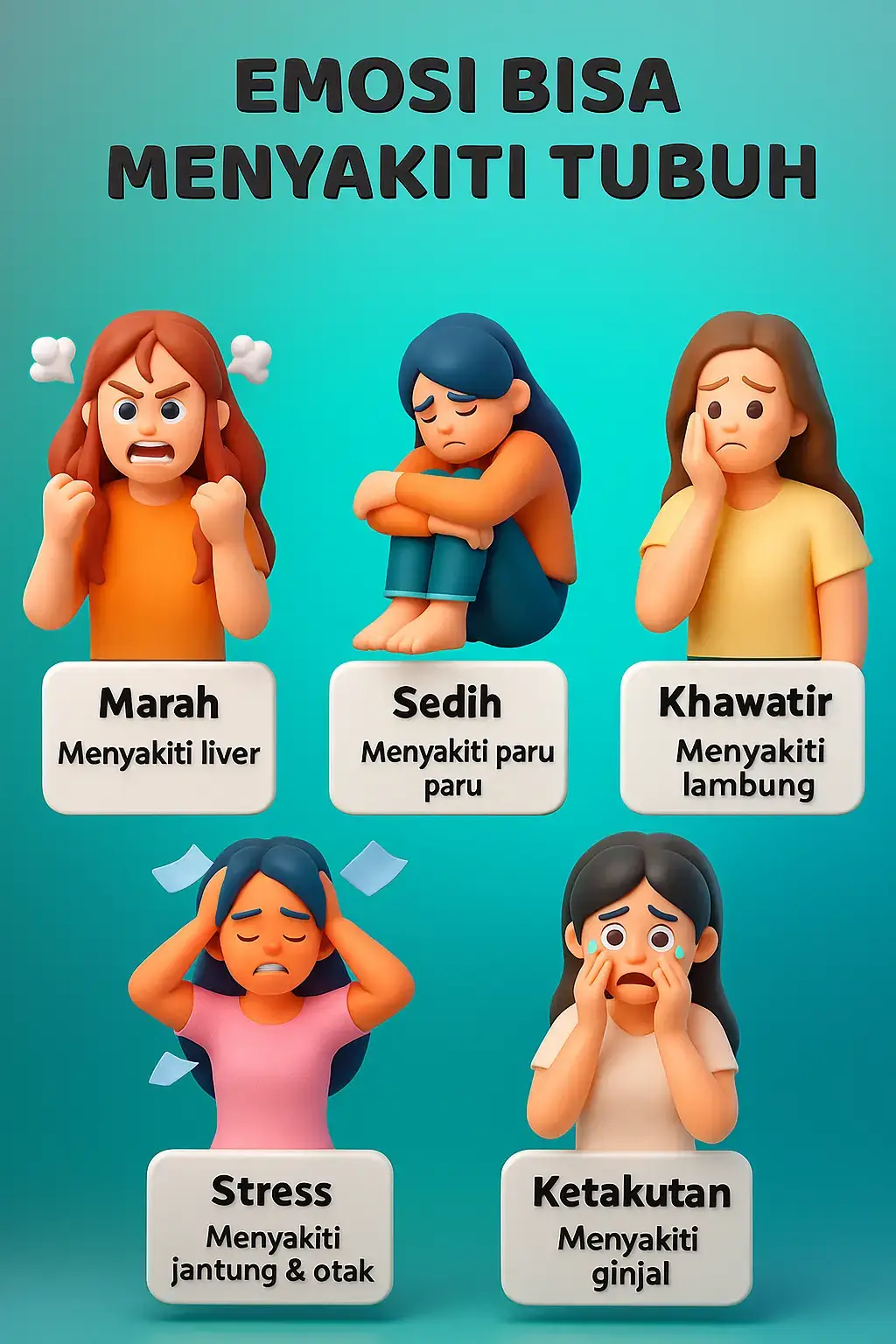 Emosi Bisa Menyakiti Tubuh: Kendalikan, Jangan Dipendam! 1️⃣ Marah ➔ Menyakiti liver. Marah berlebihan membuat hati bekerja lebih keras, memicu peradangan dan gangguan fungsi. 2️⃣ Sedih ➔ Menyakiti paru-paru. Kesedihan mendalam bisa menyebabkan gangguan pernapasan dan menurunkan sistem imun. 3️⃣ Khawatir ➔ Menyakiti lambung. Kekhawatiran terus-menerus memicu asam lambung berlebih, menyebabkan maag atau gastritis. 4️⃣ Stres ➔ Menyakiti jantung & otak. Stres berkepanjangan meningkatkan risiko hipertensi, serangan jantung, stroke, dan masalah mental. 5️⃣ Ketakutan ➔ Menyakiti ginjal. Rasa takut berlebihan membuat ginjal bekerja tidak normal, memengaruhi keseimbangan cairan tubuh. 🧘‍♂️ Solusi: Latih pernapasan, meditasi, atau olahraga. Ceritakan masalahmu pada orang yang dipercaya. Jika sulit mengendalikan emosi, jangan ragu konsultasi dengan ahli. Jagalah emosi, sayangi tubuhmu! #sehatgamahal #edukasikesahatan #infokesehatan #kesehatan #edukasi #motivasi #fyp 