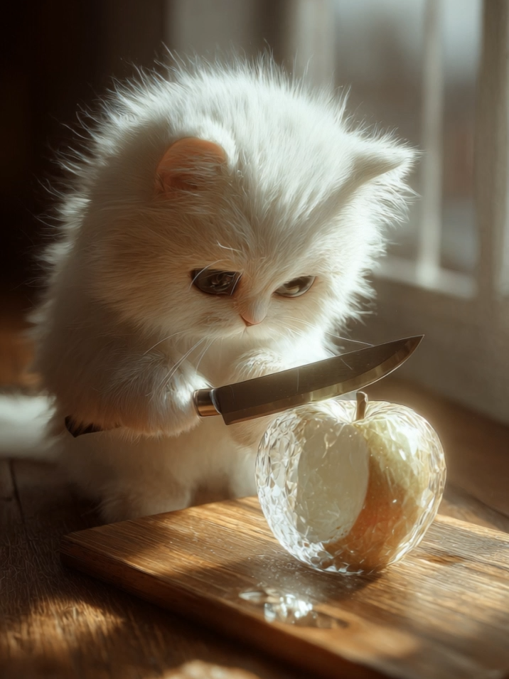 Don’t let the fluff fool you — this tiny chef slices with precision and menace 🐾🔪🍏 Welcome to The Peel Lab, where chaos is cute and cuts are clean. #ThePeelLab #CatChef #AICat #CuttingASMR #SatisfyingSlice #KlingAI #TikTokCats #FluffyButDeadly #DailyCuts #ViralCat