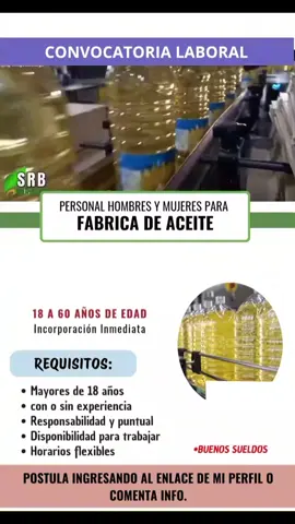 🎥 📢 ¡TRABAJA EMPACANDO ACEITE EN FÁBRICA! 🛢️📦💼 ¿Buscas un empleo rápido, sencillo y con estabilidad? Reconocida fábrica de aceite vegetal está contratando personal para el área de empacado y producción. ✅ PUESTOS DISPONIBLES: ✔️ Empacado y sellado de botellas ✔️ Etiquetado de productos ✔️ Armado de cajas para distribución ✔️ Apoyo en línea de producción ✅ REQUISITOS: ✔️ Mayores de 18 años  ✔️ Con o sin experiencia (se capacita) ✔️ Responsables y con buena actitud ✔️ Disponibilidad inmediata 🎁 BENEFICIOS: 💰 Pago semanal o quincenal + bonos 📦 Trabajo estable con contrato 🥪 Refrigerio diario 📈 Posibilidad de crecimiento dentro de la empresa 📍 Ubicación: [Ciudad o zona de trabajo] 📞 Interesados enviar “ACEITE” al WhatsApp: [Número de contacto] ¡Ingresa YA a una industria esencial! #EmpacandoAceite #TrabajoFácil #EmpleoInmediato #FábricaDeAceite #OportunidadLaboral