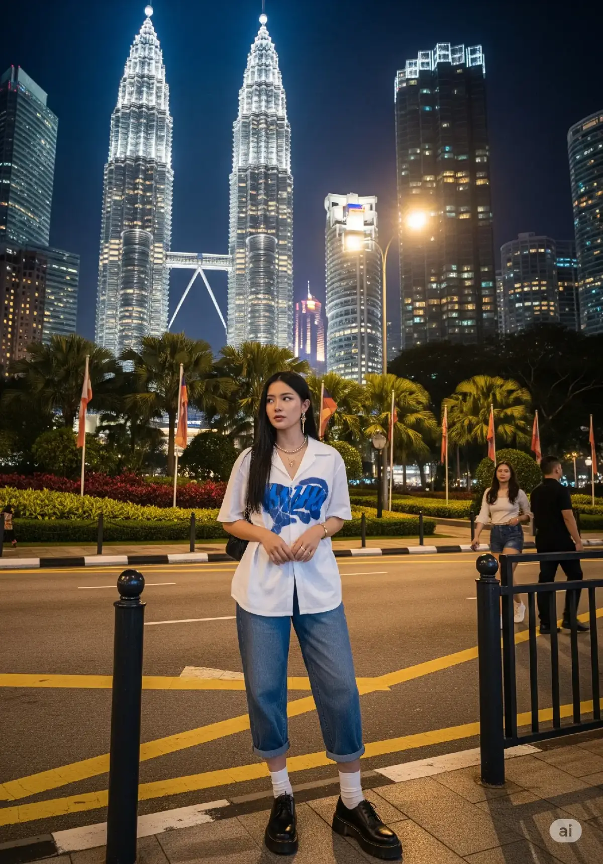 Buatkan foto Seorang pria muda tampan asal Indonesia berdiri di trotoar kota besar, tampil stylish dengan paduan kemeja putih onggar ber grafis biru di bagian dada dan celana denim longgar pas tengah lutut mengenakan kaus kaki putih dan sepatu hitam tebal ala Dr. Martens, Rambutnya hitam agak panjang dengan bagian poni di atas mata.  Ia berdiri santai di pinggir trotoar dengan kesan urban yang dilindungi pagar besi pendek, dekat marka jalan berwarna kuning ganda di tepi aspal hitam yang bersih. Latar belakangnya menampilkan pemandangan ikonik  Menara Kembar Petronas (Petronas Twin Towers) yang menjulang tinggi dengan desain arsitektur futuristik berbahan kaca dan baja, serta skybridge yang menghubungkan kedua menara. Langit malam berbintang menandakan cuaca cerah dan pencahayaan alami seperti dari lampu jalan dan lampu kota bangunan yang menyala terang.  Di sekeliling menara terlihat gedung-gedung pencakar langit modern lainnya dengan desain unik dan beragam, termasuk gedung berbentuk silinder dan persegi panjang berlapis kaca. Di sisi jalan terdapat taman kota dengan tanaman hias, pohon palem, dan bendera kecil berjajar di sepanjang trotoar. Beberapa orang lain juga terlihat berjalan kaki di sekitar lokasi, termasuk seorang wanita bermasker dengan pakaian kasual serta seorang pria mengenakan kemeja belang dan celana hijau. Nuansa gambar ini adalah suasana kota metropolitan modern yang bersih, tertib, dan cerah, cocok untuk wisata atau street photography. Foto di ambil menggunakan kamera iphone terbaru seperti iphone 16 pro-max dengan kualitas resolusi tinggi, memiliki efek estetika khas kamera iphone, tanpa efek bokeh, belum di edit dan semua detail tampak realistis.  Rasio 3:4 #Ai #Gemini #Chatgpt #prompt #fyp 