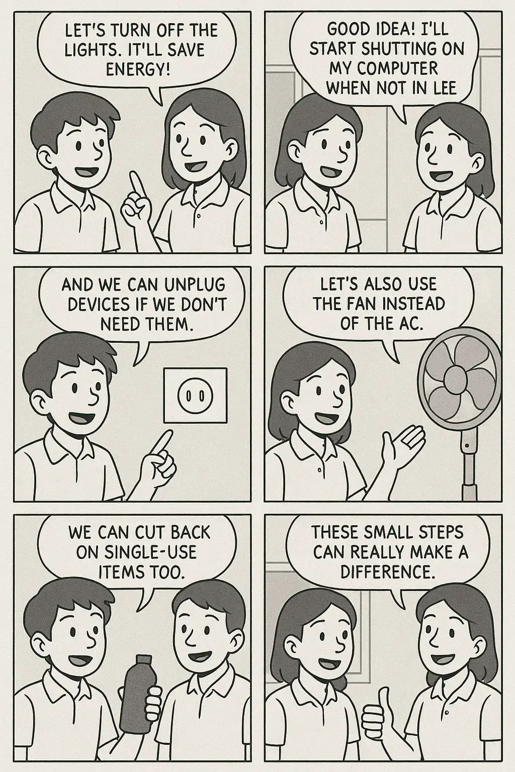 Saving energy doesn’t have to be hard! In this comic, the students show simple ways we can help the planet—like turning off lights, unplugging devices, and using fans instead of AC. Even small actions can create big changes if wVersi #man2wonosobo #tugassekolah #bhsinggris#fyp 