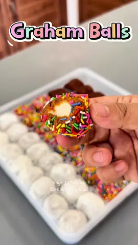 Graham Balls  Ingredients: 400g Crushed Graham  390g Condensed Milk 2tbsp Evaporated Milk Others/coating: Marshmallows Chocolate Sprinkles Rainbow Sprinkles Powdered Milk or Skimmed Milk  Bentahan: 10 pesos each Per dozen: 130-140 pesos  Price may varies depending on your location Enjoy! 😉