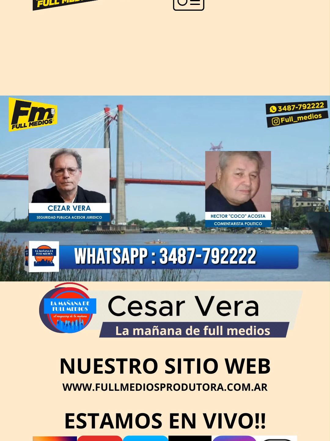 🗣️ ENTREVISTA DESTACADA 🗣️ En La Mañana de Full Medios hablamos con César Vera, quien compartió su visión, propuestas y los desafíos que enfrenta nuestra ciudad. 📲 Mirá la nota completa en nuestro canal de YouTube. 🕘 La Mañana de Full Medios, de lunes a viernes de 9 a 12 hs.  FullMedios, una radio que se ve y se escucha. 🎥 El primer canal de streaming de la zona. #Entrevista #CesarVera #PoliticaLocal #FullMedios #LaMañanaDeFullMedios