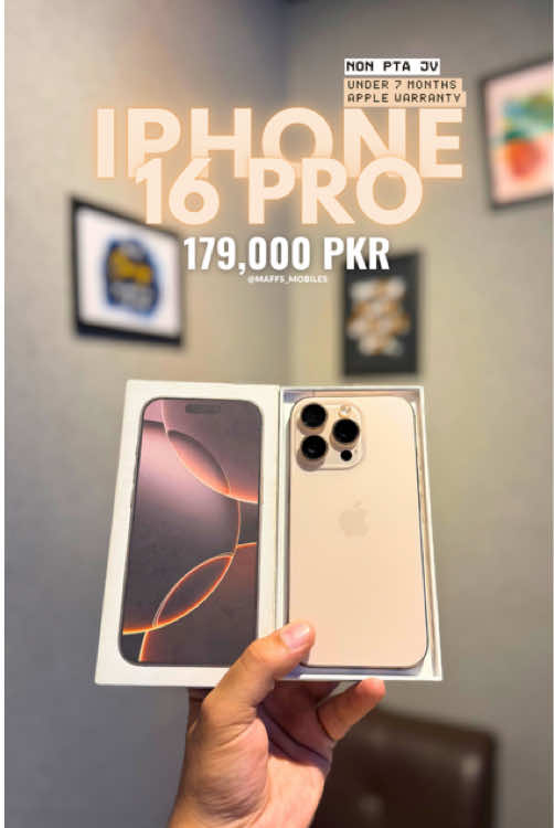 iPhone 16 Pro – Desert (Non PTA JV) 📱 128GB | 97% Battery Health 🗓 Under 7 Months Official Apple Warranty 📦 Complete Box + Original Cable ✨ Condition: 10/10 – Mint 💸 Price: 179,000 PKR 🛡 7 Days Check Warranty 📞 Call/WhatsApp: 0337-8656635 🚚 Nationwide Delivery Available 📲 DM to Reserve – Limited Stock!