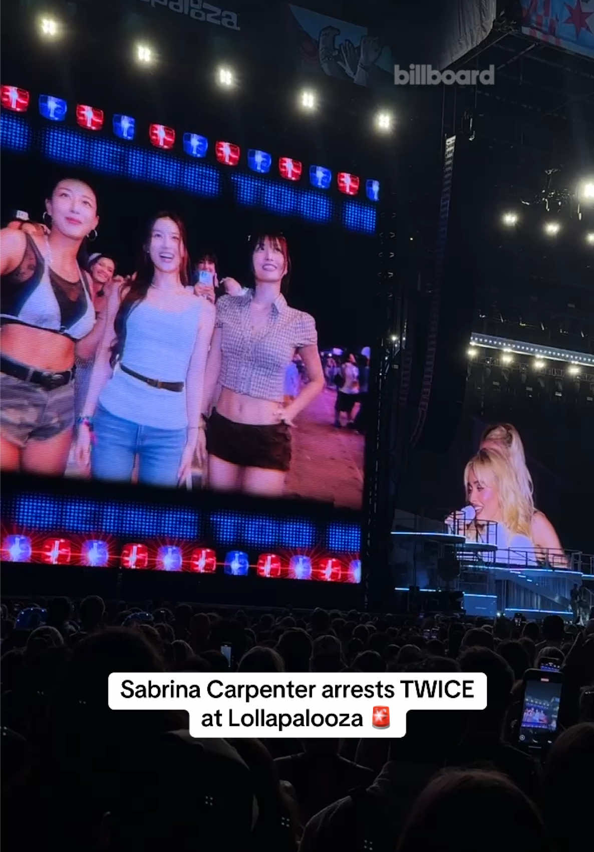 All part of their strategy 🙂‍↕️ @Sabrina Carpenter “arrests” Jihyo, Sana and Momo from @TWICE during her #Lollapalooza set  #twice #sabrinacarpenter #kpop