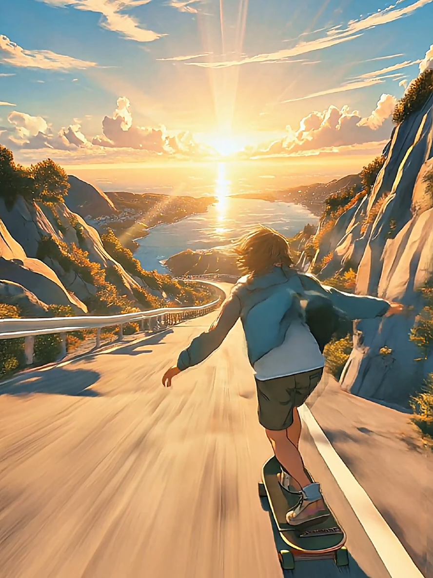8K Live Wallpaper. Gliding down a winding mountain road, the world feels like a Shinkai Makoto film. 🌄💨 Would you ride this longboard into the sunset? #AnimeAesthetic #ShinkaiMakotoVibes #CinematicAnime #livewallpaper4k #fyp 