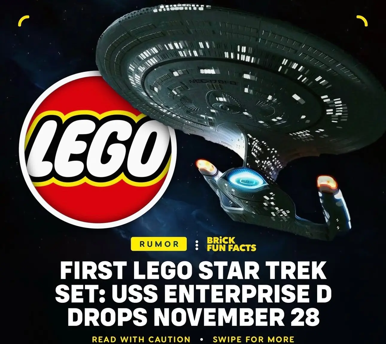 Rumors suggest LEGO is finally going where no brick has gone before. The first-ever LEGO Star Trek set the USS Enterprise-D could arrive on November 28, 2025. Expected to feature 3,600 pieces, a display stand, and minifigs of Picard, Riker, Worf, Geordi, Data, Dr. Crusher, Wesley, Troi, and Guinan, priced around $399.99. (Slide 2 fan-build by Finn Roberts, via Flickr) If true, this would be LEGO's first collaboration with the Star Trek franchise.  #startrek #scifi #lego #fyp #trending 
