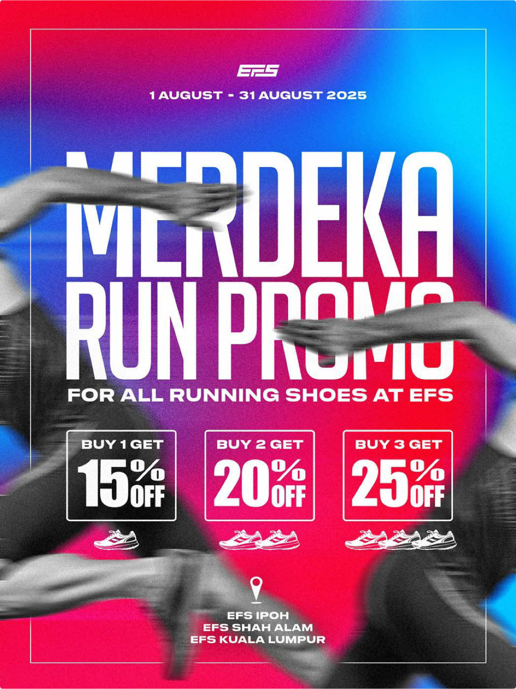 Korang tau tak untuk bulan merdeka ni kami adakan promo untuk kasut running !  Beli 1 pair dapat 15%  Beli 2 pair dapat 20%  Beli 3 pair dapat 25%  memang berbaloi gila kan 😍 korang tunggu apa lagi ? gerak ke semua outlet EFS cepat ! #fyp #foryoupage #efs #efskualalumpur #Running #kedaifutsal #kasutrunning #umbro 